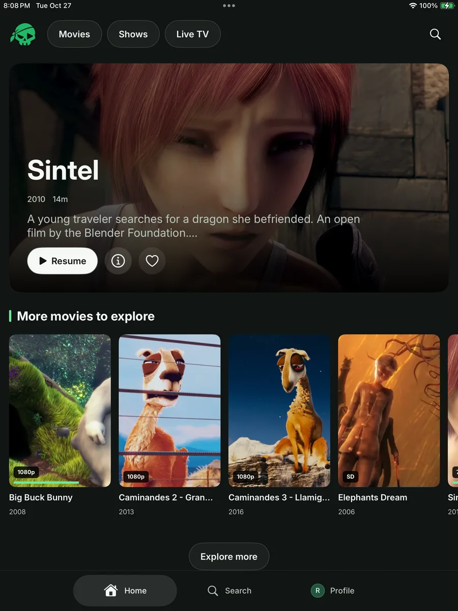The real Zorofin iPad Home screen showing Sintel and a sample movie library