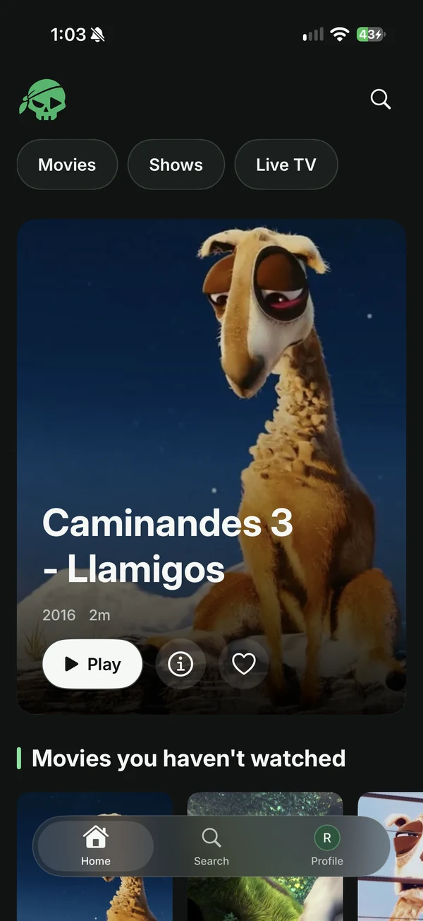 Zorofin’s iPhone Home screen with a Caminandes sample-film banner
