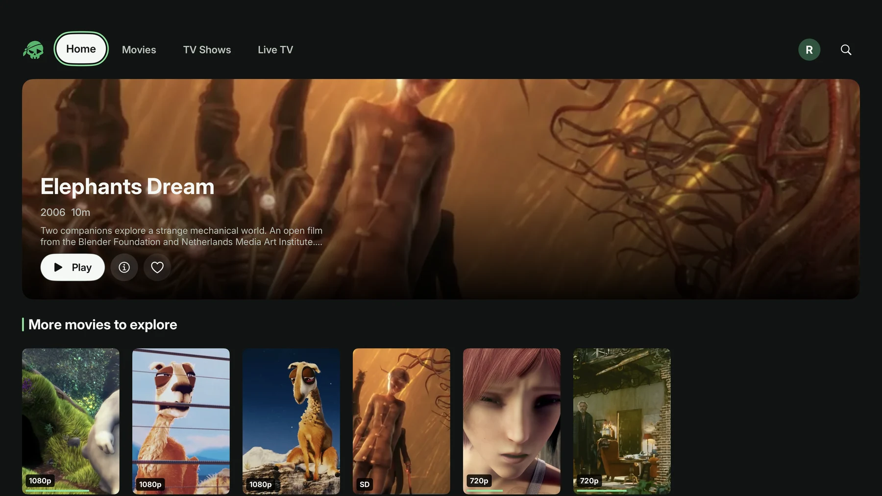 The Zorofin Apple TV client showing Elephants Dream and a sample movie library